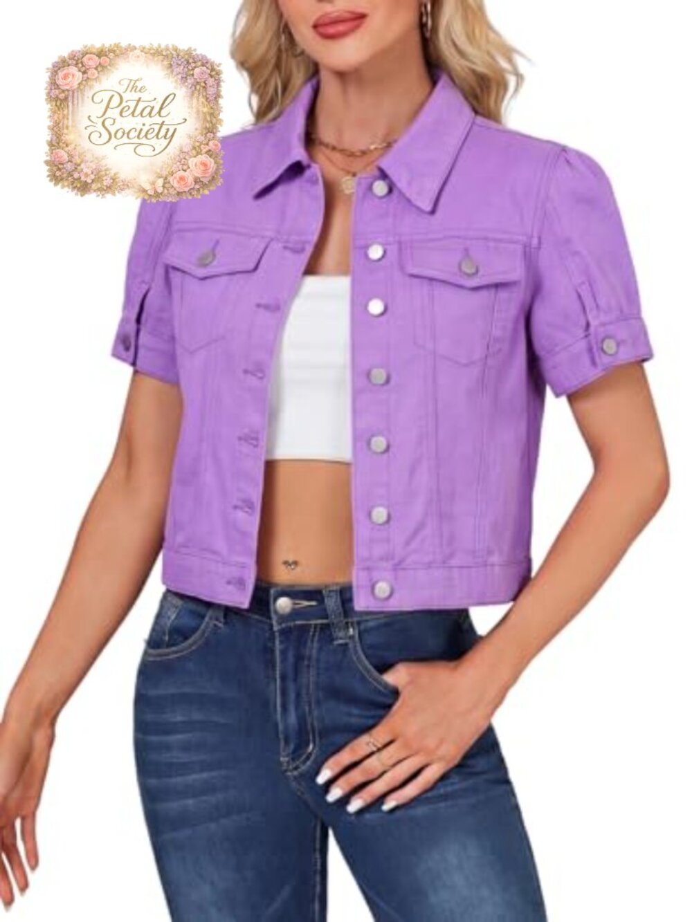 Cropped Short Sleeve Denim Jacket Slim Fit Puff Sleeve Jean Jacket